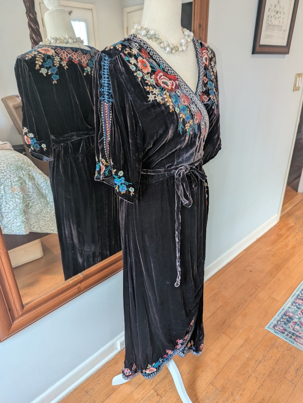 Johnny Was Black Velvet Embroidered Wrap Maxi Dress - Picture 6 of 11